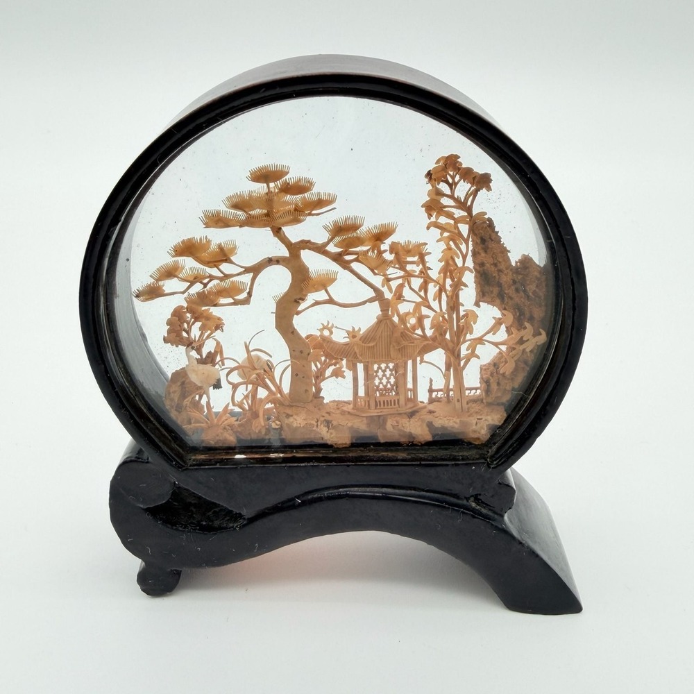 Vintage Chinese Cork Carving Diorama in Round Glass Display Case